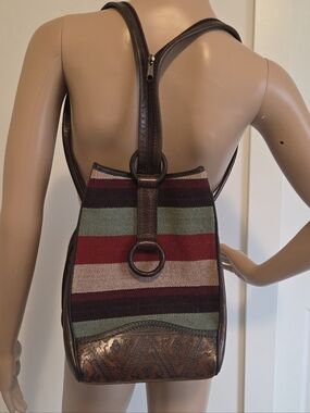 Anna Cainzo Tooled Leather Wool Woven Backpack Aztec/Southwestern Design